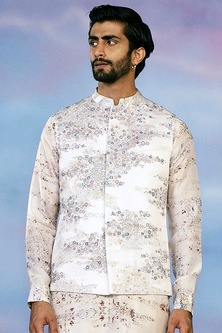 Multi-Colored Bemberg Satin Printed & Thread Hand Embroidered Bundi Jacket Set by Rohit Gandhi & Rahul Khanna Men at Pernia's Pop Up Shop