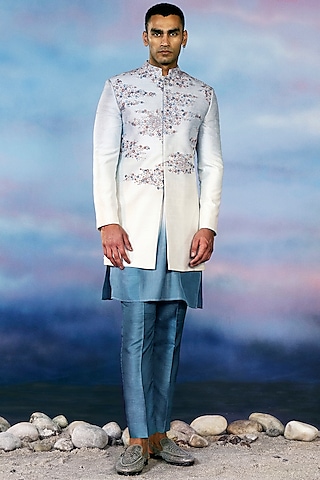 Ivory Silk Printed & Hand Embroidered Sherwani Set by Rohit Gandhi & Rahul Khanna Men