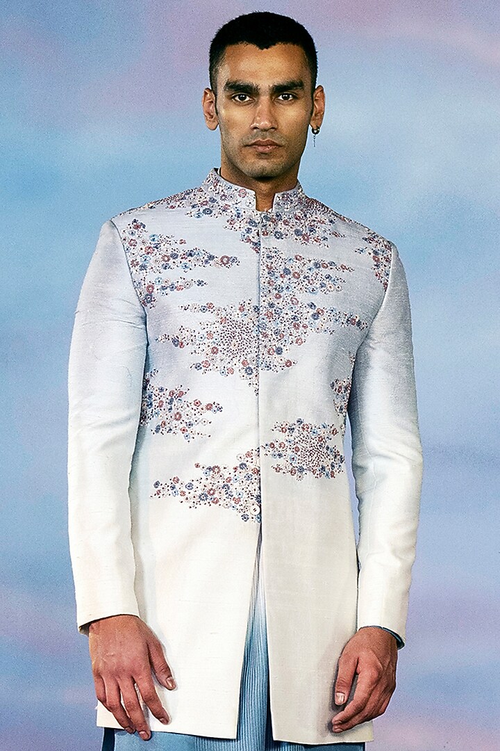 Ivory Silk Printed & Hand Embroidered Groom Sherwani Set by Rohit Gandhi & Rahul Khanna Men at Pernia's Pop Up Shop