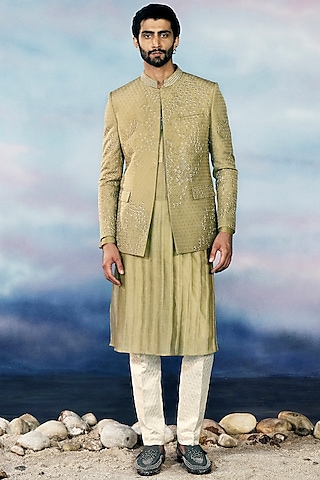 Leaf Green Habutai Silk Embroidered Bandhgala Set by Rohit Gandhi & Rahul Khanna Men