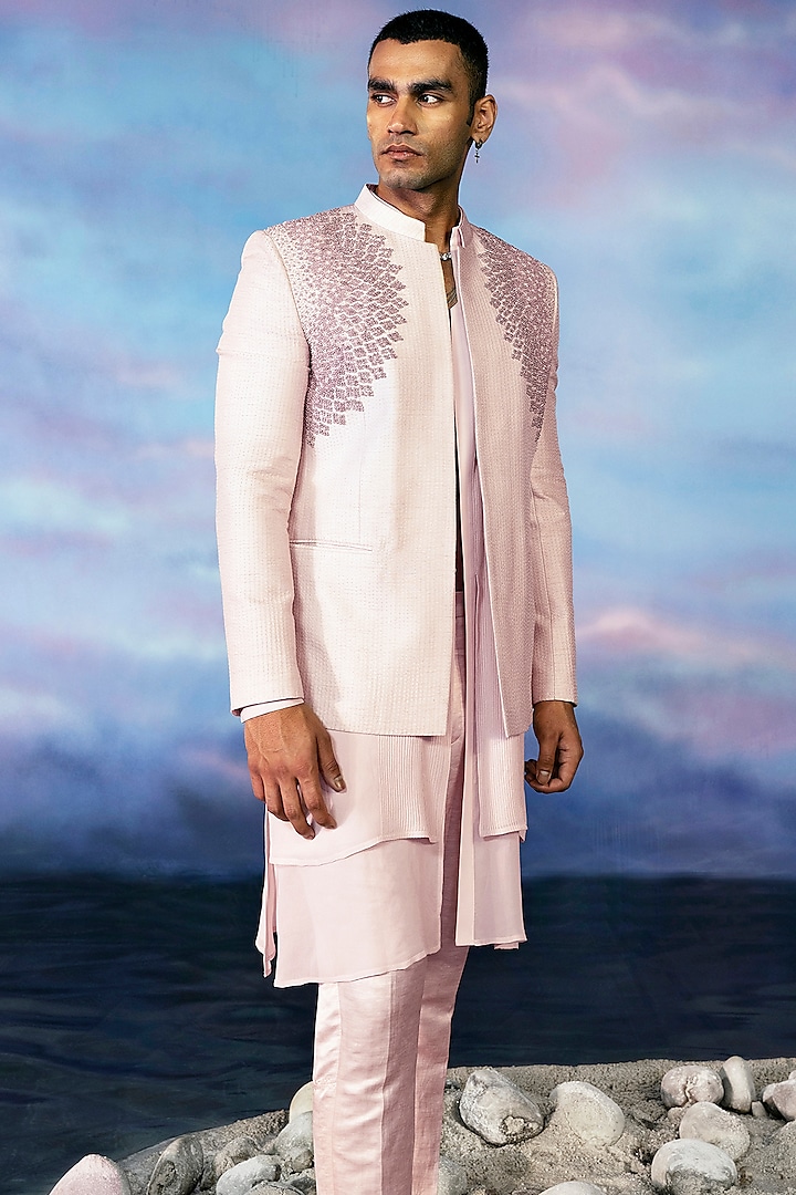 Periwinkle Viscose Dupion Embroidered Bandhgala Set by Rohit Gandhi & Rahul Khanna Men