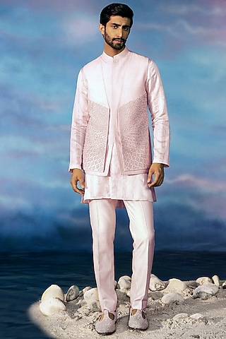 Periwinkle Viscose Dupion Silk Thread Embroidered Jacket Set by Rohit Gandhi & Rahul Khanna Men