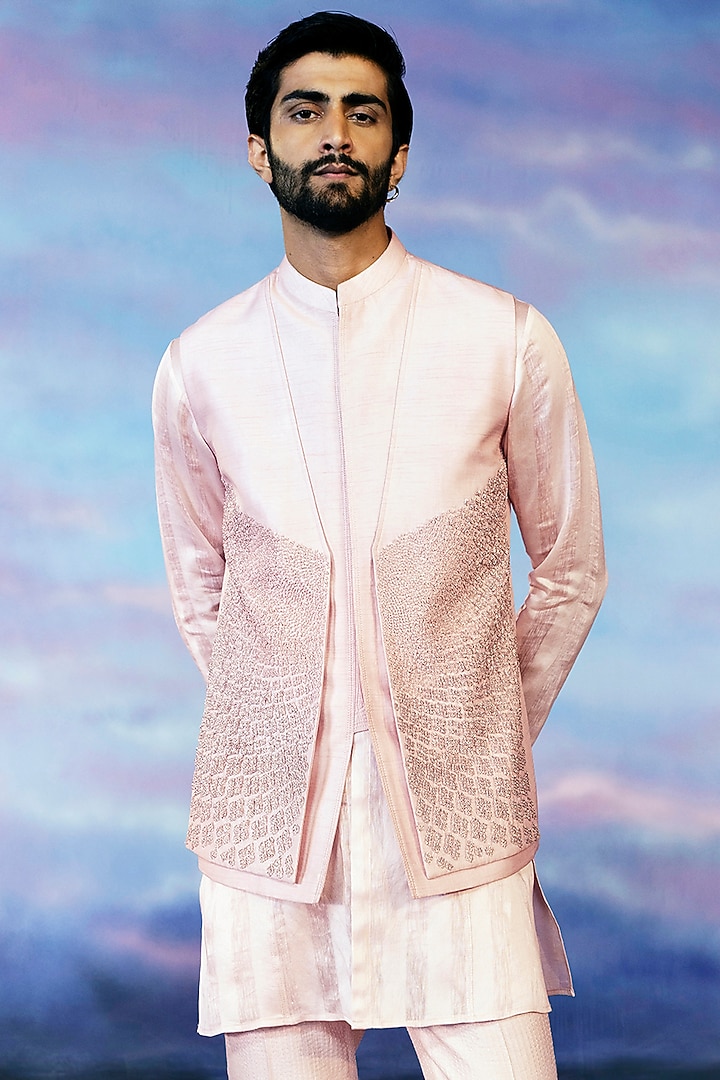Periwinkle Viscose Dupion Silk Thread Embroidered Jacket Set by Rohit Gandhi & Rahul Khanna Men at Pernia's Pop Up Shop