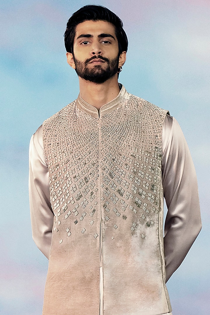 Gunmetal Silk Velvet Crystal & Metallic Embroidered Bundi Jacket Set by Rohit Gandhi & Rahul Khanna Men at Pernia's Pop Up Shop