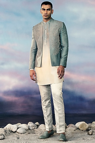 Metal Blue Viscose Dupion Embroidered Bandhgala Set by Rohit Gandhi & Rahul Khanna Men
