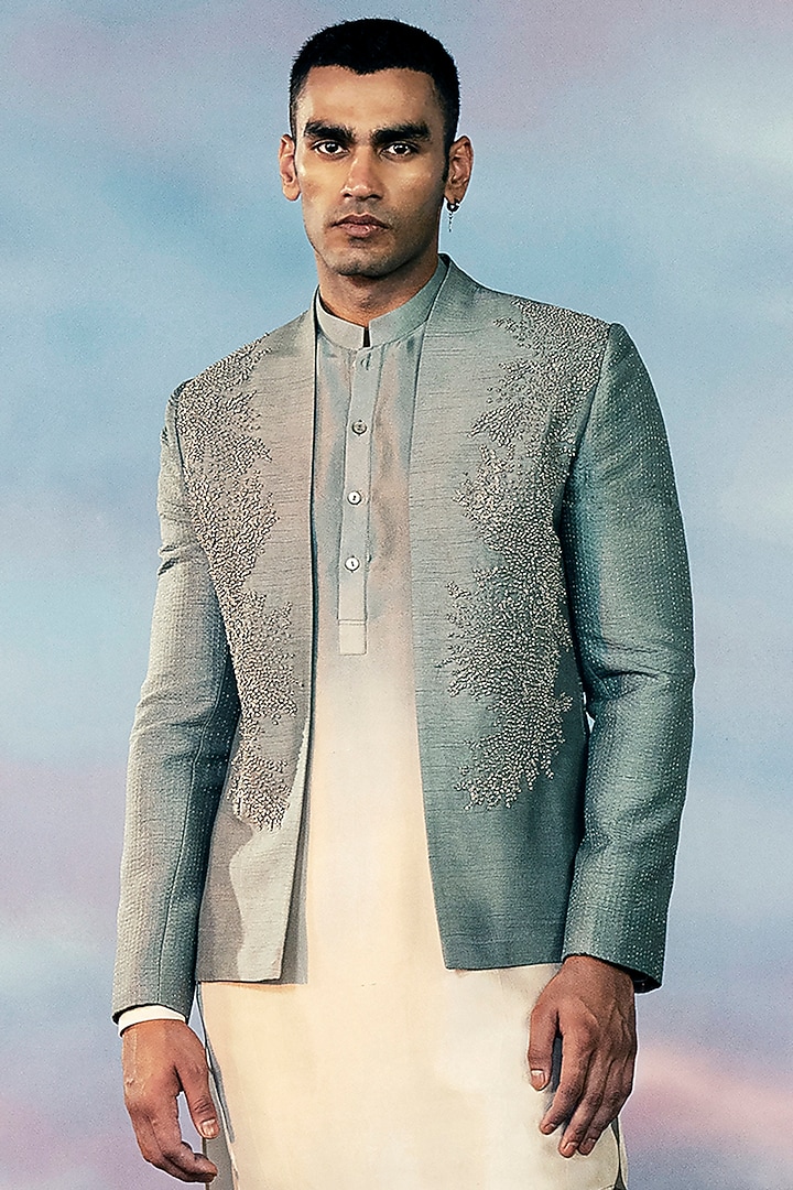 Metal Blue Viscose Dupion Embroidered Groom Bandhgala Set by Rohit Gandhi & Rahul Khanna Men at Pernia's Pop Up Shop