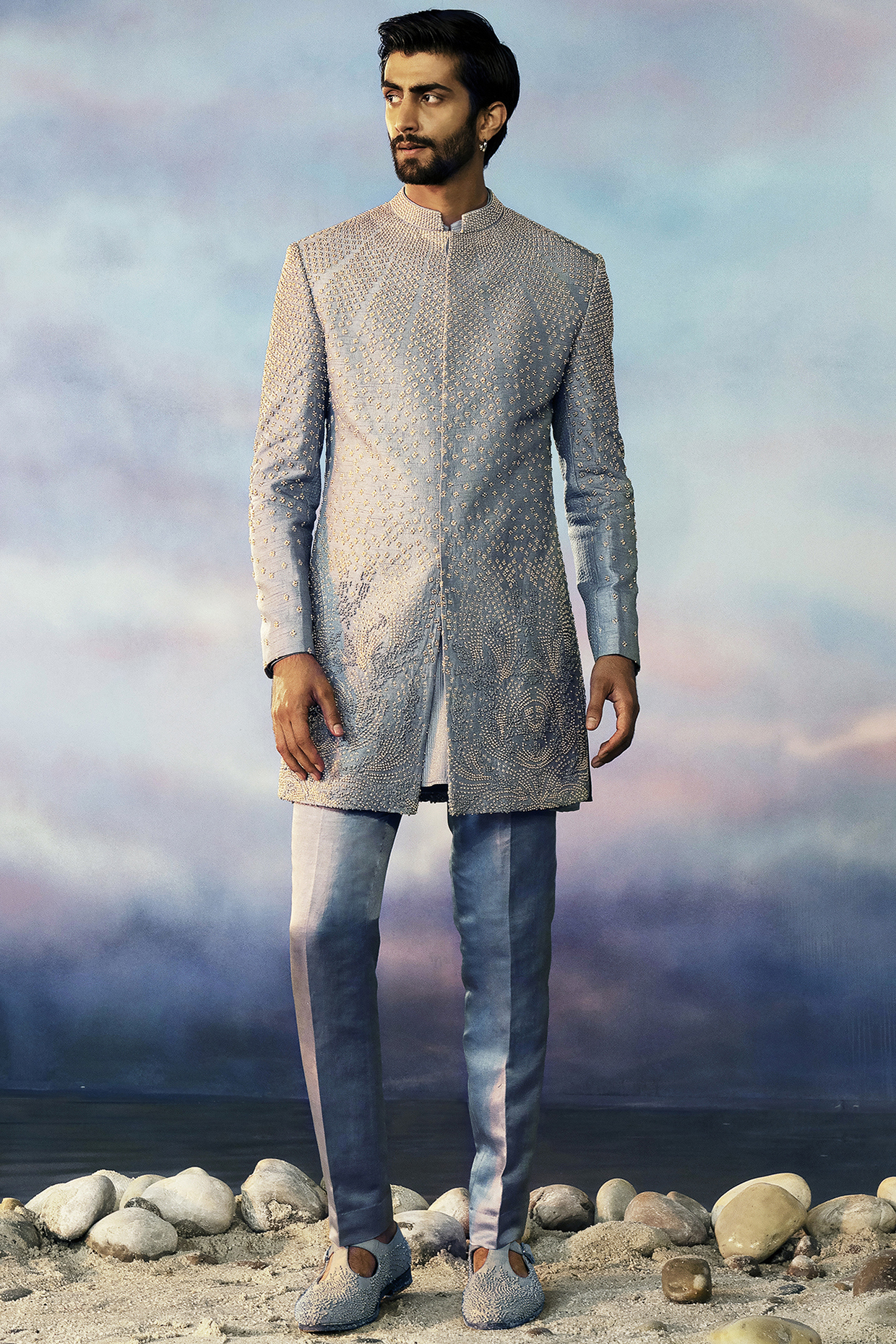 Metal Blue Viscose Dupion Groom Sherwani Set by Rohit Gandhi