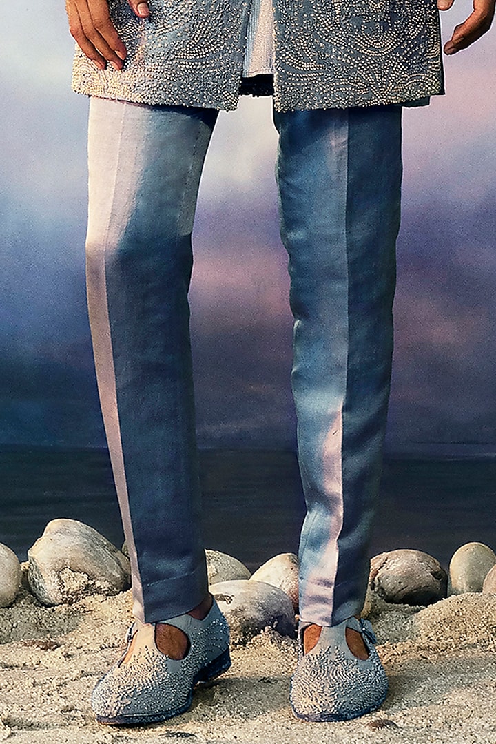 Metal Blue Viscose Dupion Groom Sherwani Set by Rohit Gandhi & Rahul Khanna Men at Pernia's Pop Up Shop