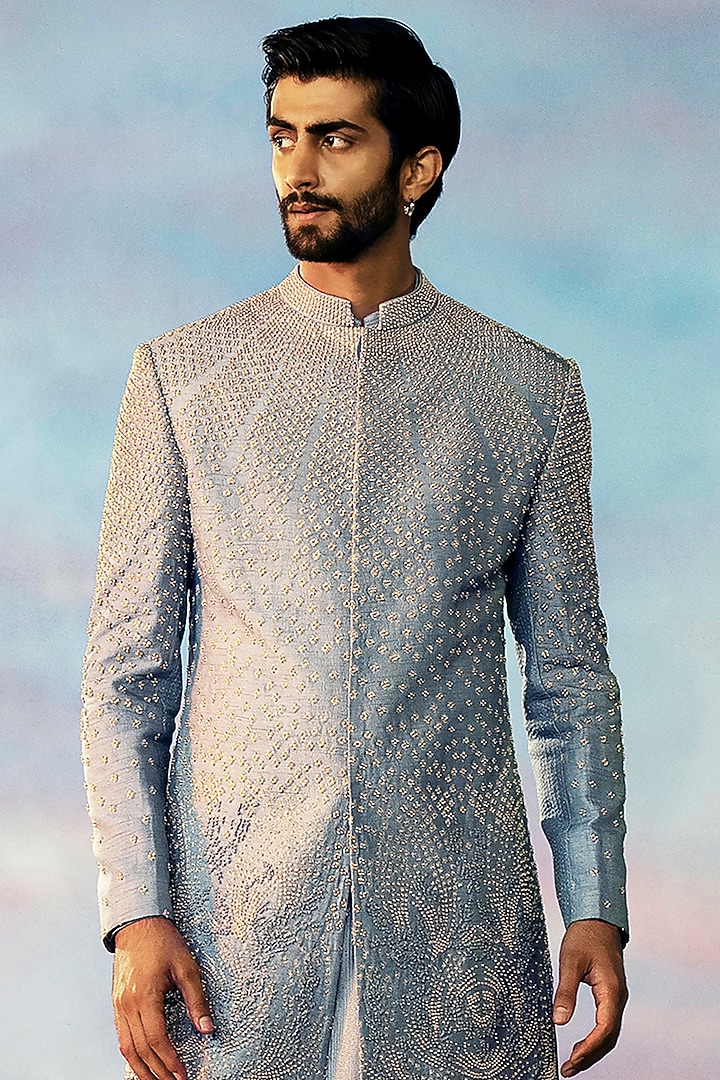 Metal Blue Viscose Dupion Groom Sherwani Set by Rohit Gandhi & Rahul Khanna Men at Pernia's Pop Up Shop