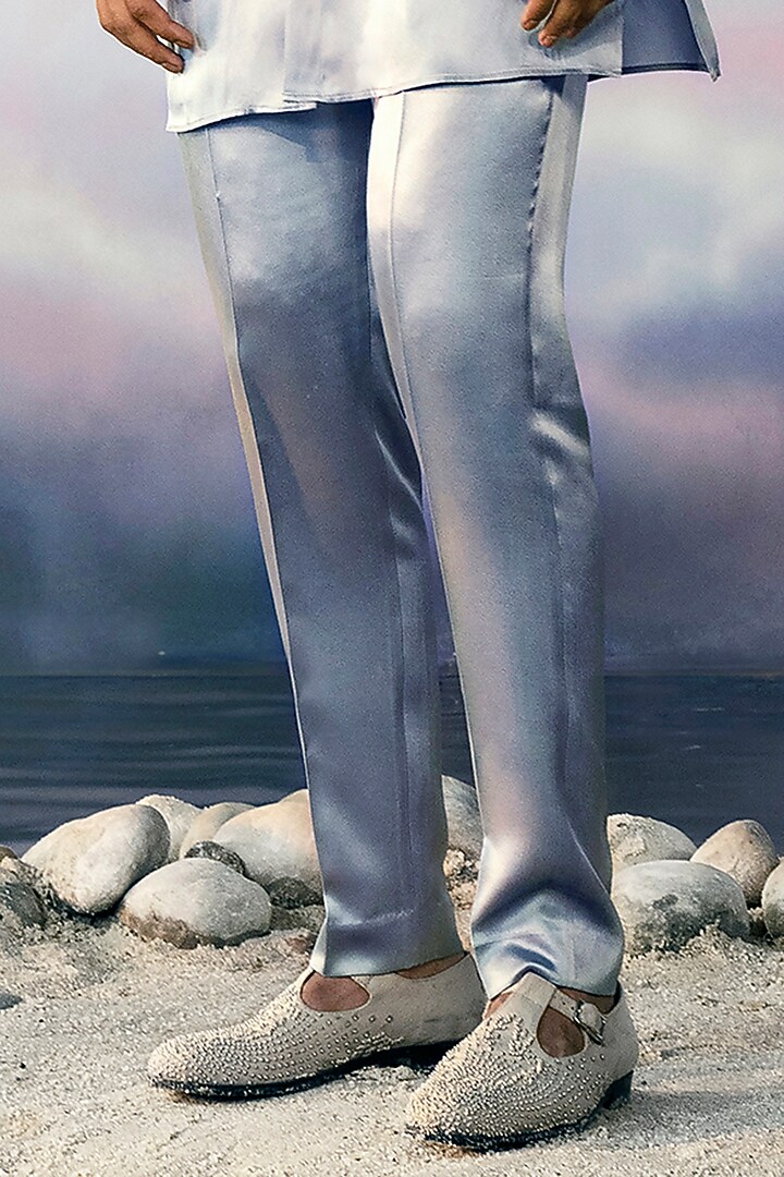 Space Grey Habutai Silk Embroidered Groom Bandhgala Set by Rohit Gandhi & Rahul Khanna Men at Pernia's Pop Up Shop