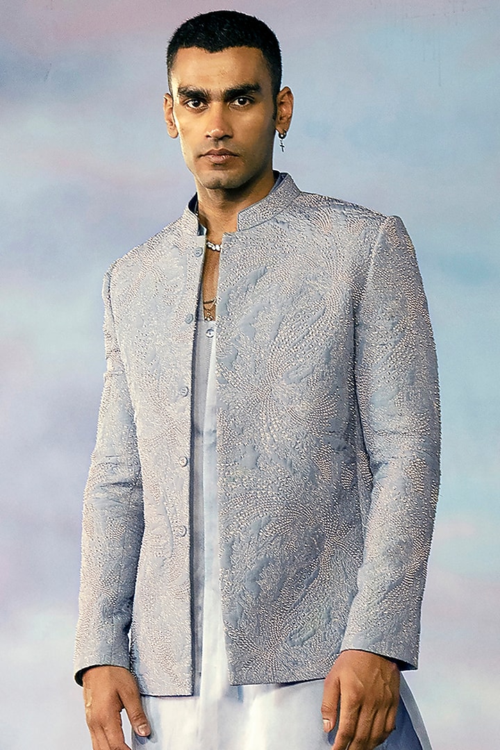 Space Grey Habutai Silk Embroidered Groom Bandhgala Set by Rohit Gandhi & Rahul Khanna Men at Pernia's Pop Up Shop
