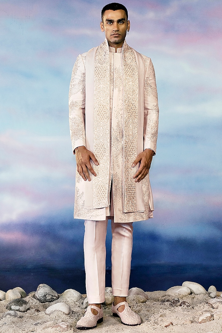 Feather Pink Viscose Dupion Embroidered Sherwani Set by Rohit Gandhi & Rahul Khanna Men