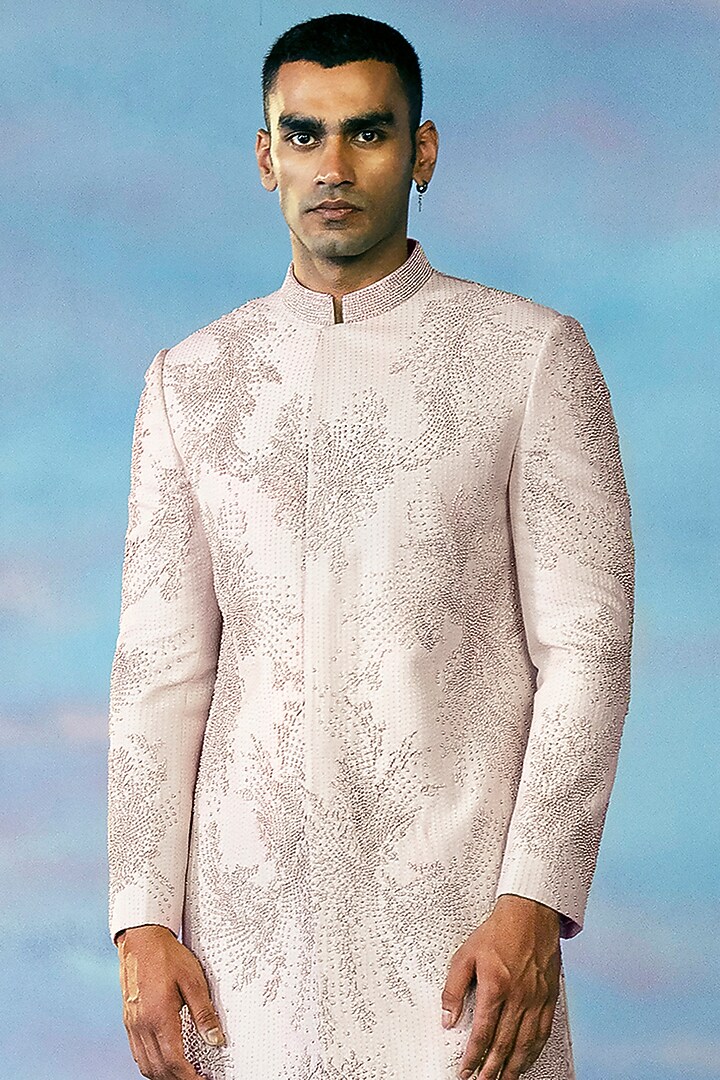Feather Pink Viscose Dupion Embroidered Groom Sherwani Set by Rohit Gandhi & Rahul Khanna Men at Pernia's Pop Up Shop