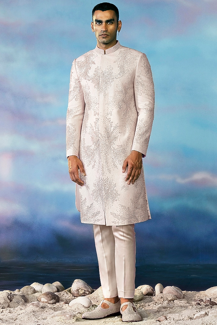 Feather Pink Viscose Dupion Embroidered Groom Sherwani Set by Rohit Gandhi & Rahul Khanna Men at Pernia's Pop Up Shop