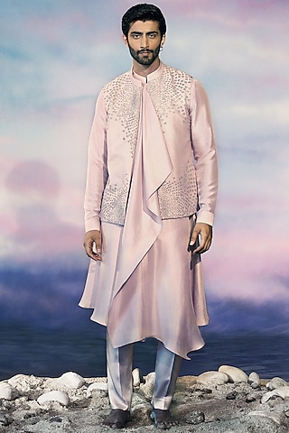 Periwinkle Viscose Dupion Silk Thread Embroidered Indowestern Set by Rohit Gandhi & Rahul Khanna Men