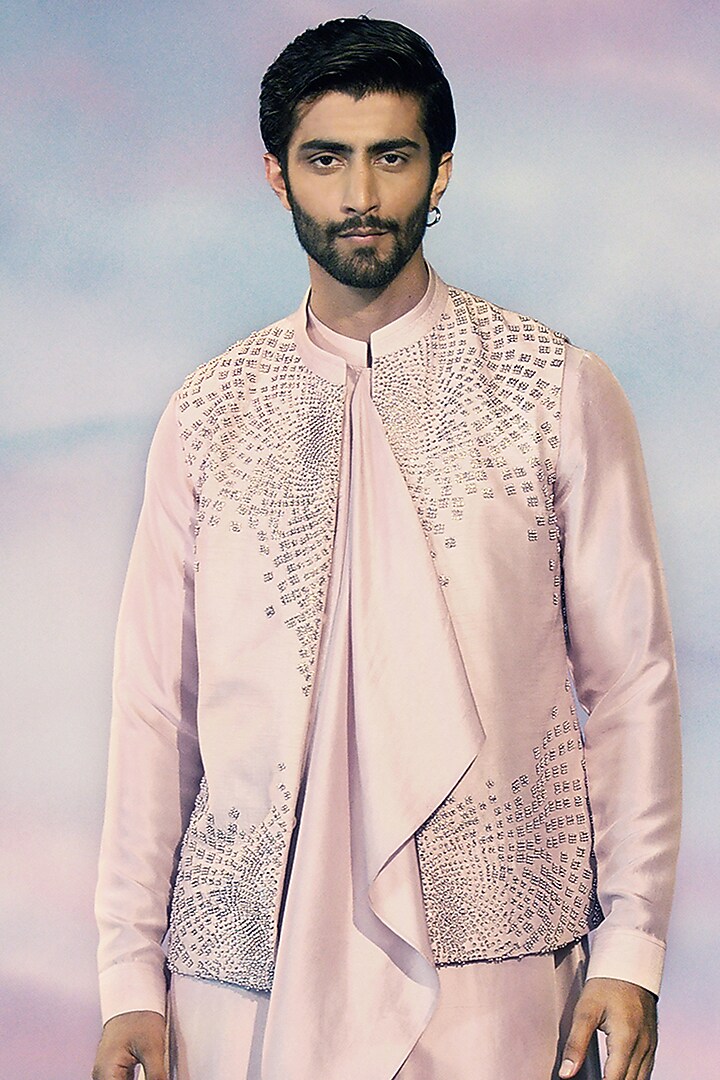 Periwinkle Viscose Dupion Silk Thread Embroidered Groom Indowestern Set by Rohit Gandhi & Rahul Khanna Men at Pernia's Pop Up Shop