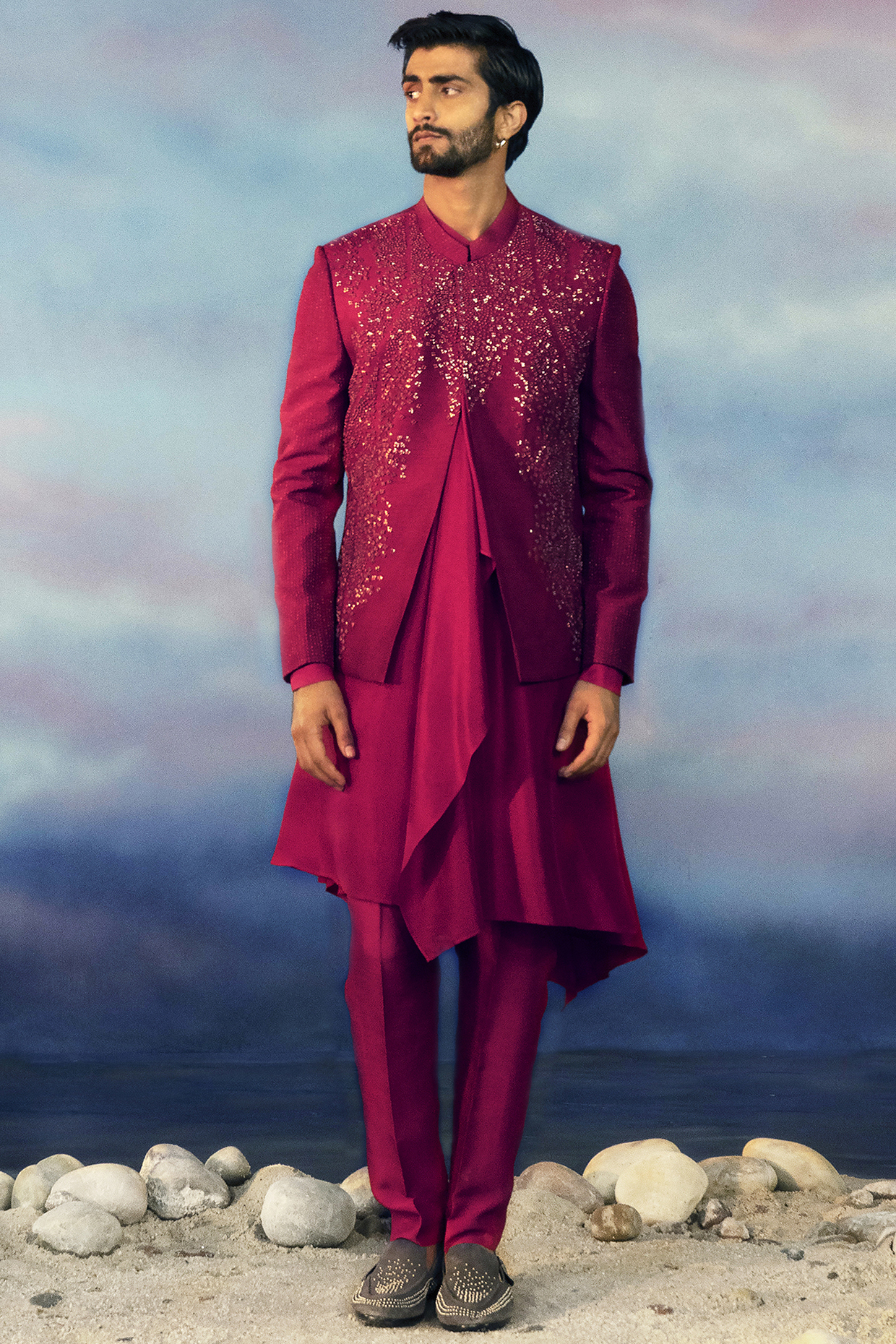 Tomato Red Viscose Dupion Embroidered Bandhgala Set by Rohit Gandhi & Rahul Khanna Men at Pernia's Pop Up Shop