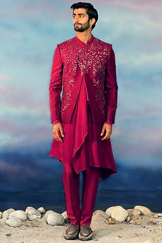 Tomato Red Viscose Dupion Embroidered Bandhgala Set by Rohit Gandhi & Rahul Khanna Men