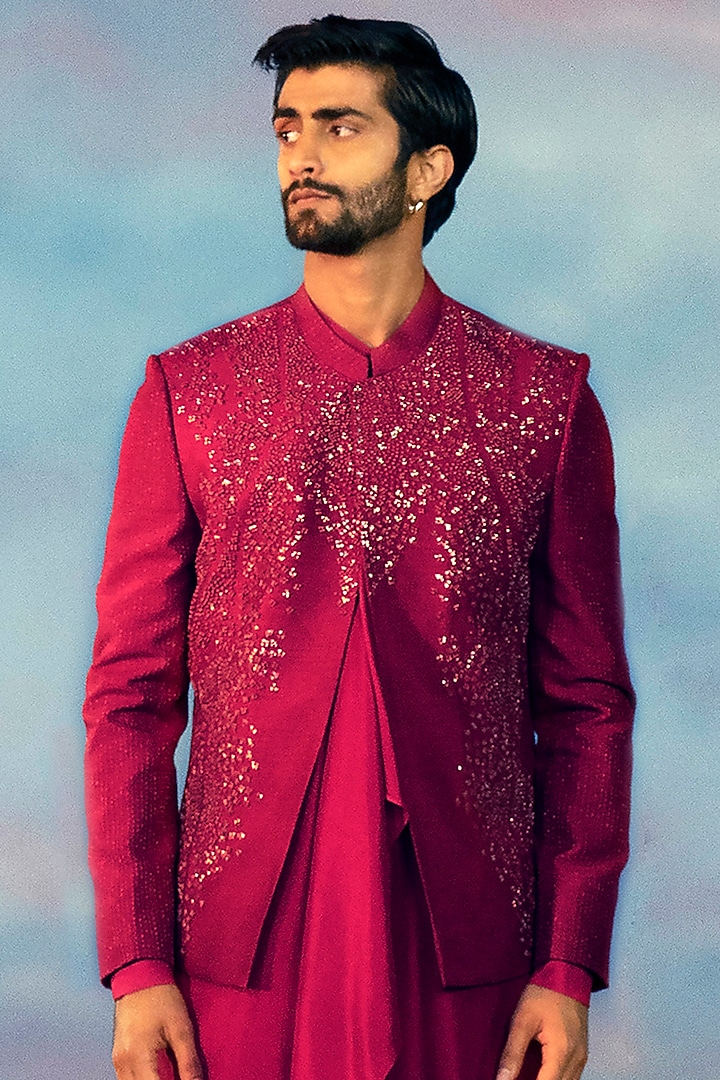 Tomato Red Viscose Dupion Embroidered Groom Bandhgala Set by Rohit Gandhi & Rahul Khanna Men at Pernia's Pop Up Shop