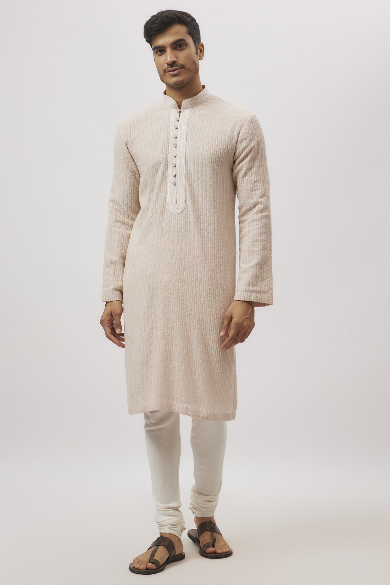 Beige Chikankari Machine Embroidered Kurta Set by Rohit Gandhi & Rahul Khanna Men at Pernia's Pop Up Shop