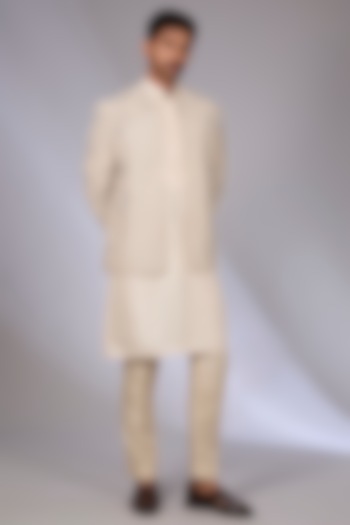 Sandstone Viscose Dupion Groom Bandhgala Set by Rohit Gandhi & Rahul Khanna Men at Pernia's Pop Up Shop