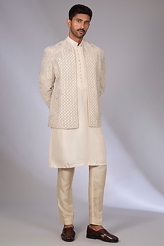 Sandstone Viscose Dupion Bandhgala Set by Rohit Gandhi & Rahul Khanna Men