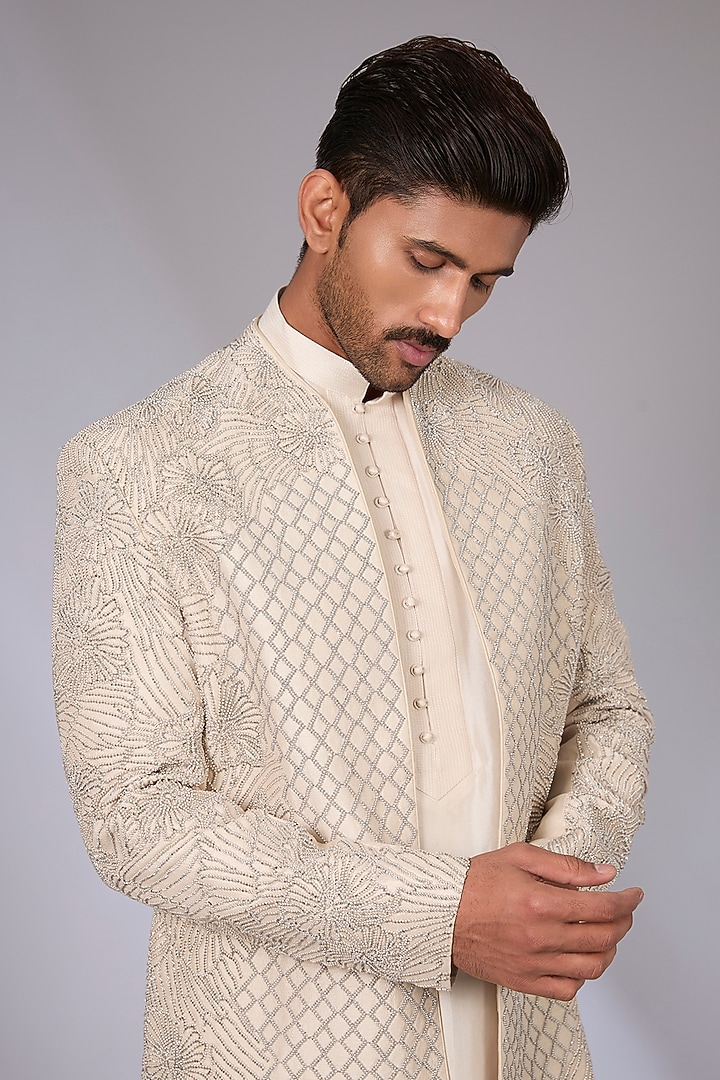 Sandstone Viscose Dupion Groom Bandhgala Set by Rohit Gandhi & Rahul Khanna Men at Pernia's Pop Up Shop