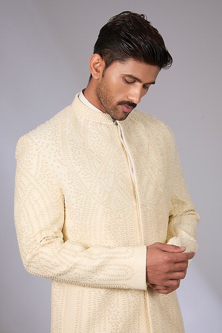 Shell White Viscose Dupion Bandhgala Set by Rohit Gandhi & Rahul Khanna Men at Pernia's Pop Up Shop
