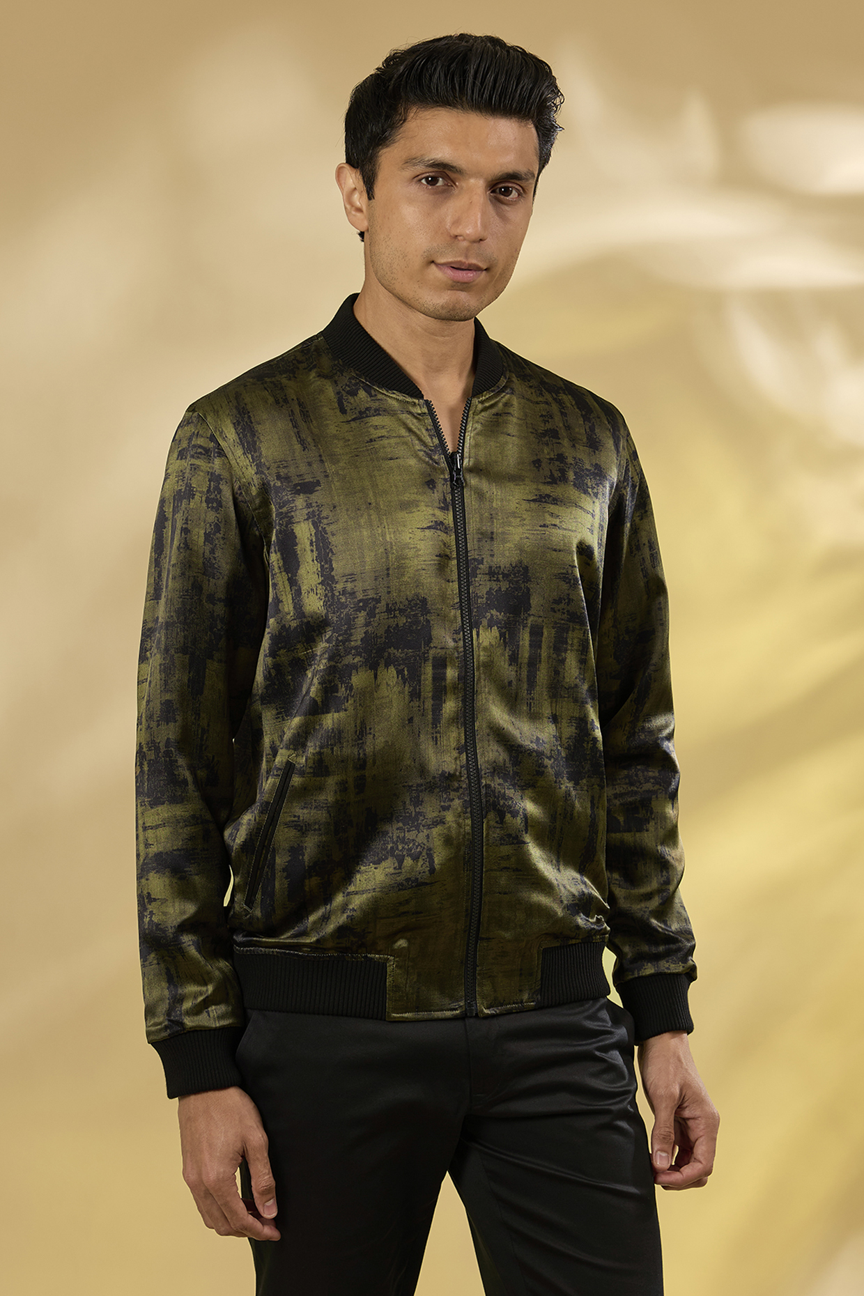 Olive Silk Printed Bomber Jacket by Rohit Gandhi & Rahul Khanna Men