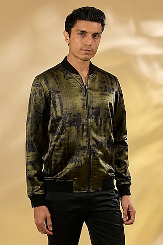 Olive Silk Printed Bomber Jacket by Rohit Gandhi & Rahul Khanna Men