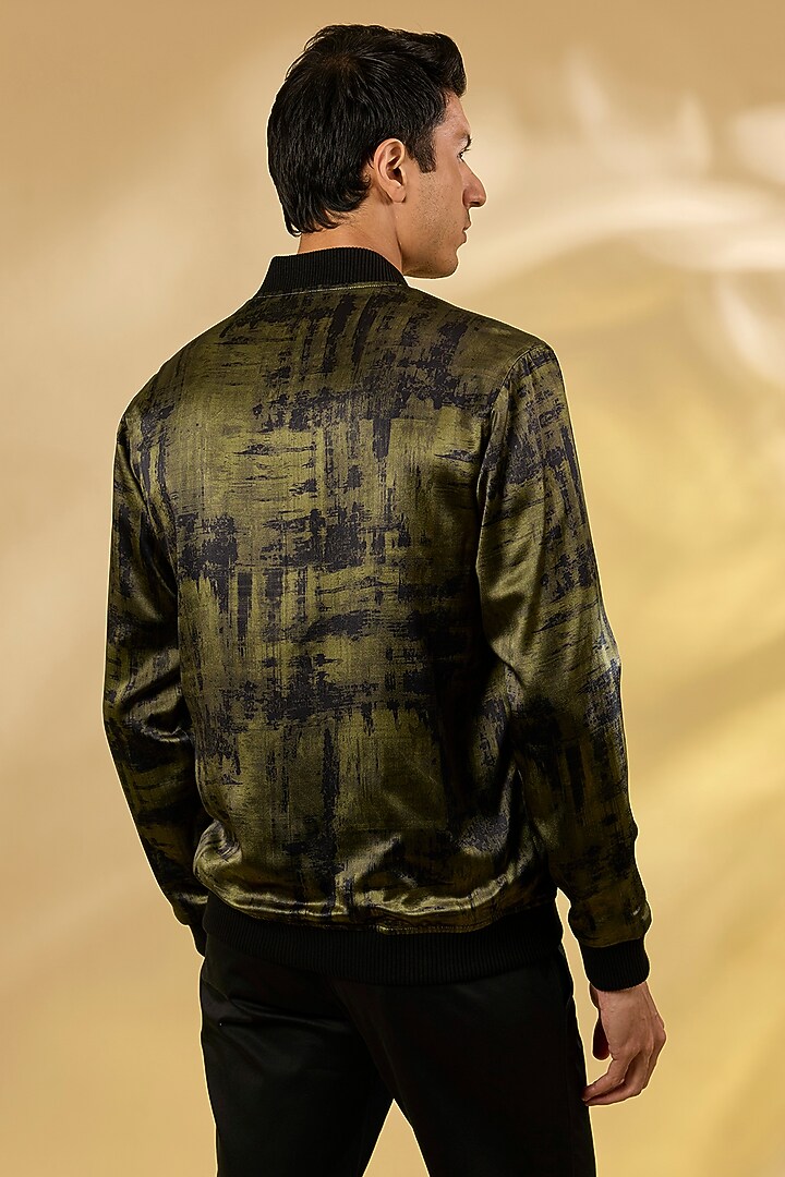 Olive Silk Printed Bomber Jacket by Rohit Gandhi & Rahul Khanna Men at Pernia's Pop Up Shop