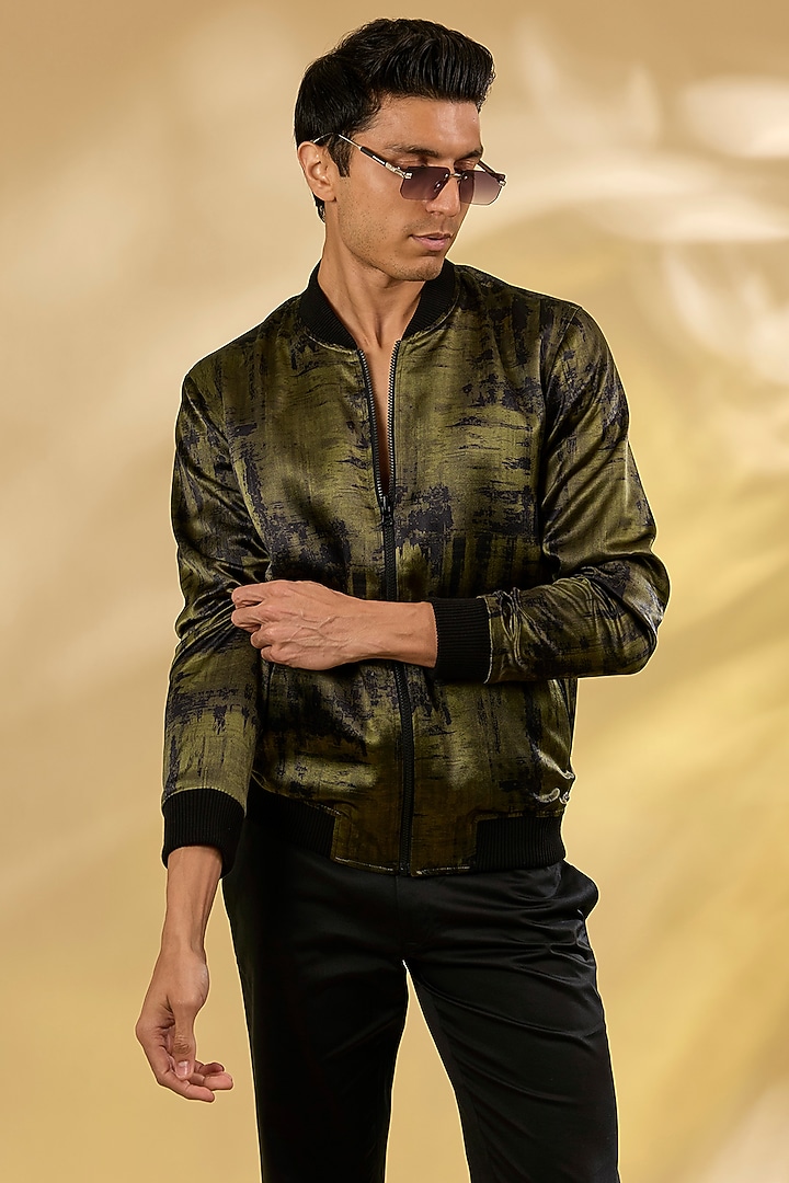 Olive Silk Printed Bomber Jacket by Rohit Gandhi & Rahul Khanna Men at Pernia's Pop Up Shop