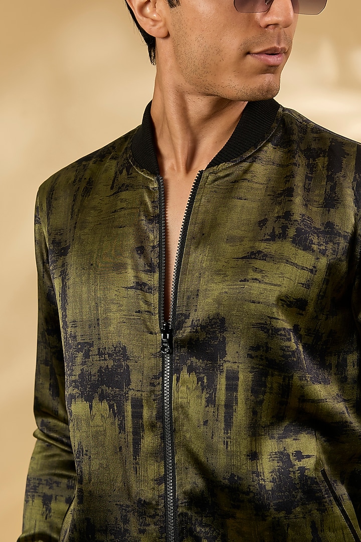 Olive Silk Printed Bomber Jacket by Rohit Gandhi & Rahul Khanna Men at Pernia's Pop Up Shop