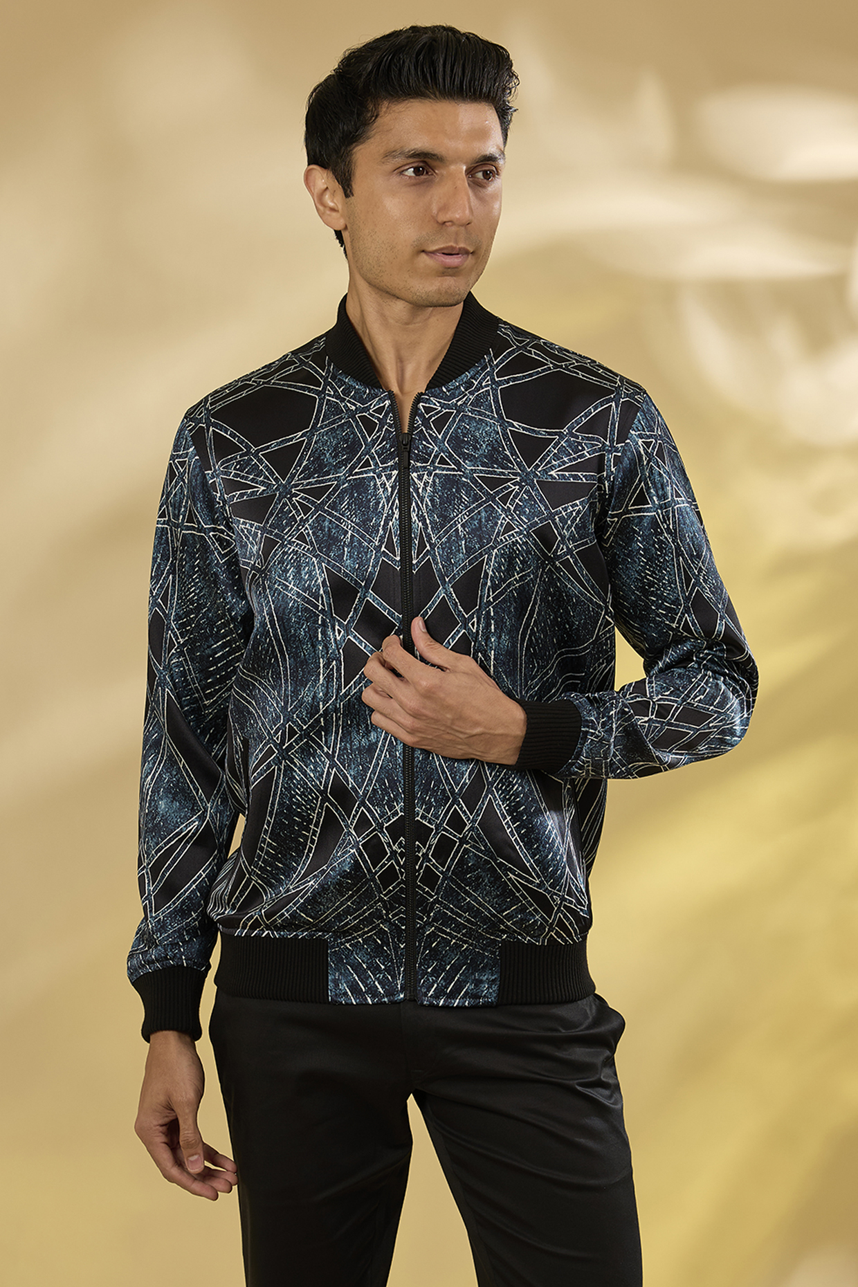 Prussian Blue Silk Printed Bomber Jacket by Rohit Gandhi & Rahul Khanna Men