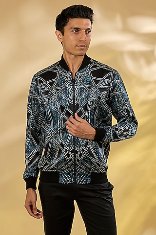 Prussian Blue Silk Printed Bomber Jacket by Rohit Gandhi & Rahul Khanna Men