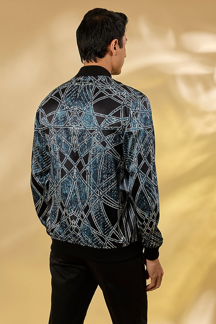 Prussian Blue Silk Printed Bomber Jacket by Rohit Gandhi & Rahul Khanna Men at Pernia's Pop Up Shop