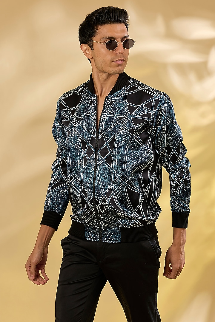 Prussian Blue Silk Printed Bomber Jacket by Rohit Gandhi & Rahul Khanna Men at Pernia's Pop Up Shop