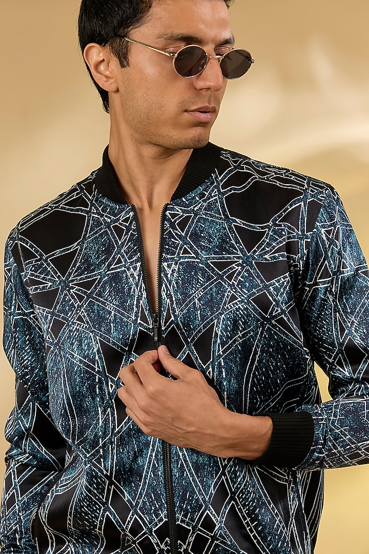 Prussian Blue Silk Printed Bomber Jacket by Rohit Gandhi & Rahul Khanna Men at Pernia's Pop Up Shop