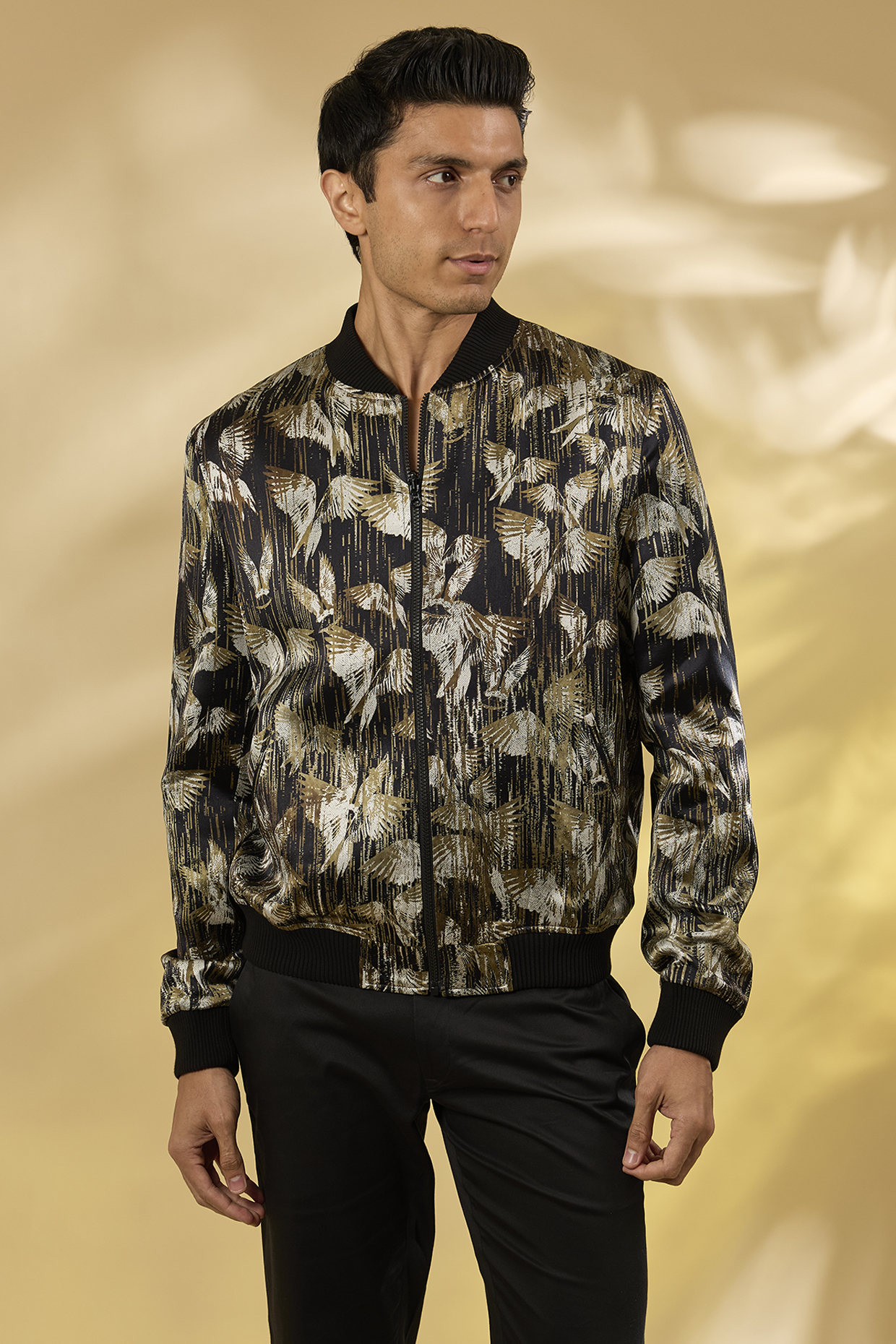 Olive Silk Printed Bomber Jacket by Rohit Gandhi & Rahul Khanna Men