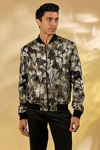 Olive Silk Printed Bomber Jacket by Rohit Gandhi & Rahul Khanna Men