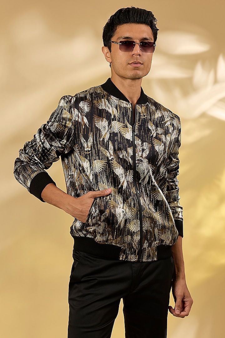 Olive Silk Printed Bomber Jacket by Rohit Gandhi & Rahul Khanna Men at Pernia's Pop Up Shop
