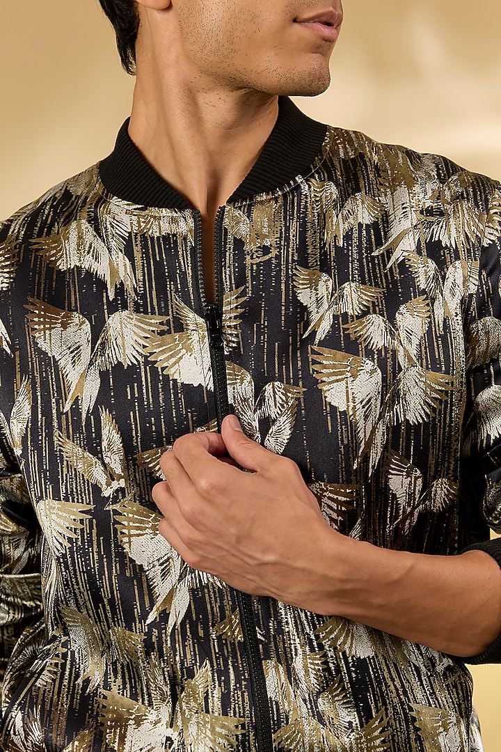 Olive Silk Printed Bomber Jacket by Rohit Gandhi & Rahul Khanna Men at Pernia's Pop Up Shop