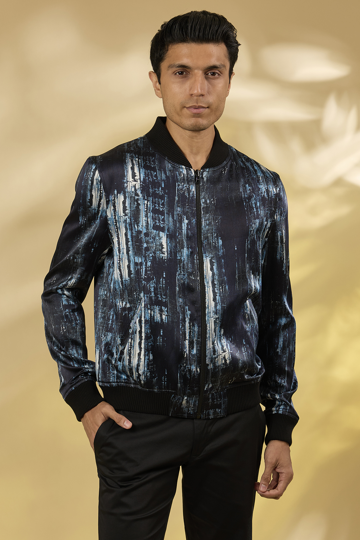 Navy Blue Silk Printed Bomber Jacket by Rohit Gandhi & Rahul Khanna Men