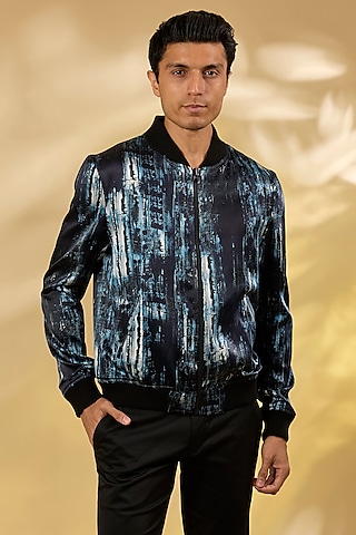 Navy Blue Silk Printed Bomber Jacket by Rohit Gandhi & Rahul Khanna Men