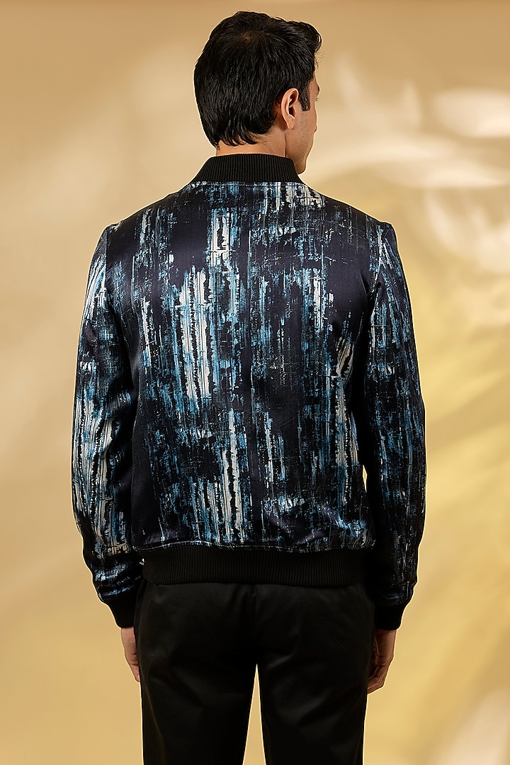 Navy Blue Silk Printed Bomber Jacket by Rohit Gandhi & Rahul Khanna Men at Pernia's Pop Up Shop