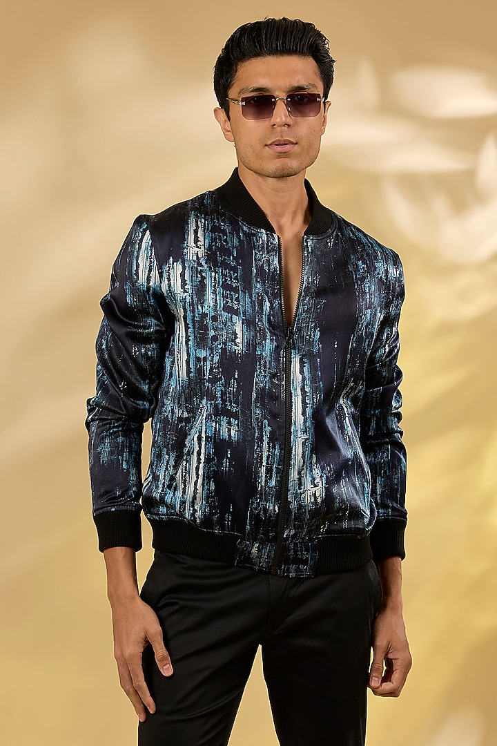 Navy Blue Silk Printed Bomber Jacket by Rohit Gandhi & Rahul Khanna Men at Pernia's Pop Up Shop