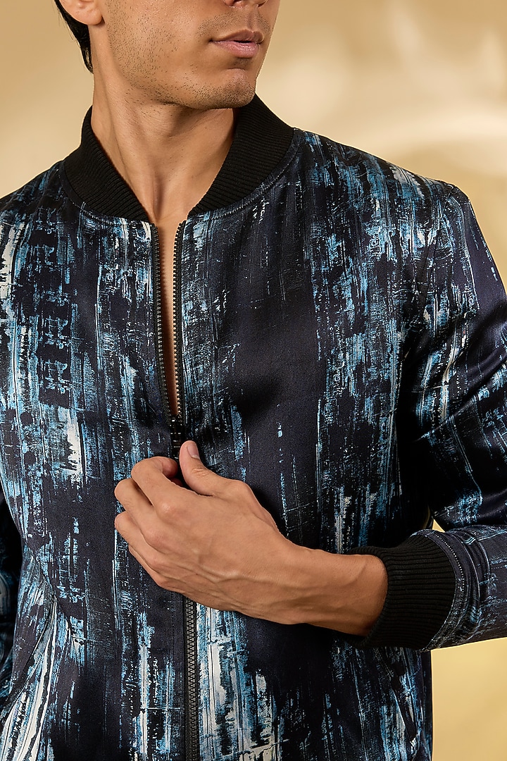 Navy Blue Silk Printed Bomber Jacket by Rohit Gandhi & Rahul Khanna Men at Pernia's Pop Up Shop