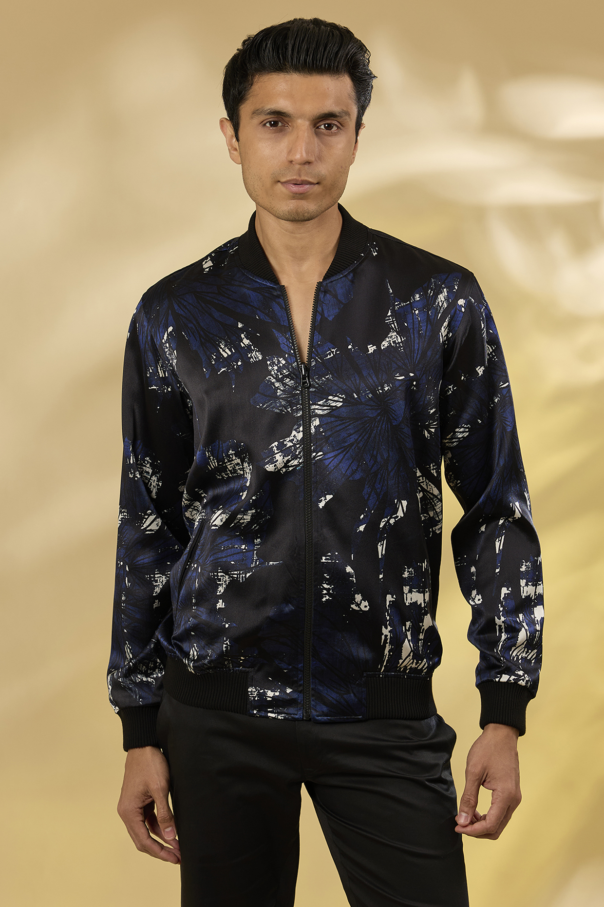 Navy Blue Silk Printed Bomber Jacket by Rohit Gandhi & Rahul Khanna Men