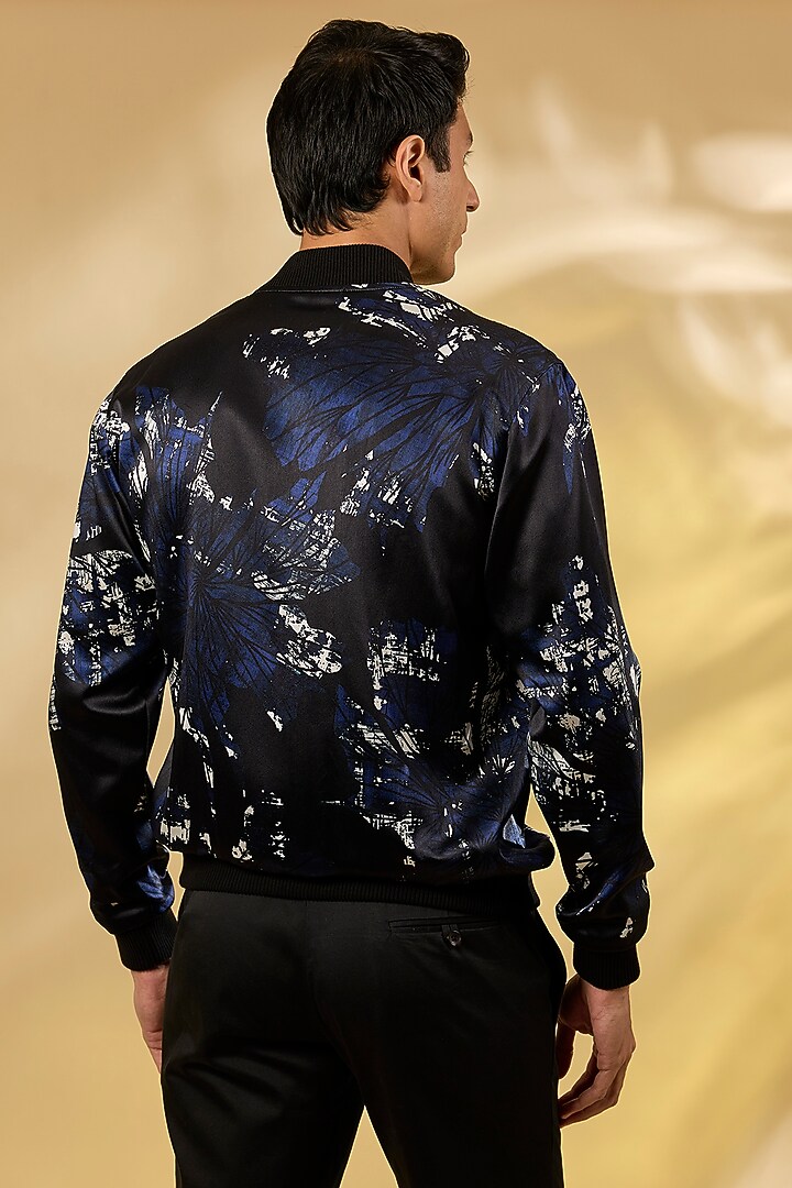 Navy Blue Silk Printed Bomber Jacket by Rohit Gandhi & Rahul Khanna Men at Pernia's Pop Up Shop