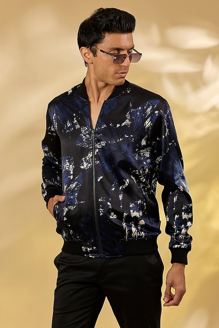 Navy Blue Silk Printed Bomber Jacket by Rohit Gandhi & Rahul Khanna Men at Pernia's Pop Up Shop